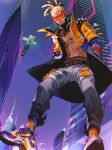  1boy apex_legends asian bandaid_on_stomach blonde_hair blue_jacket building cornrows crypto_(apex_legends) drone grey_pants hairlocs hands_in_pockets highres hype_beast_crypto iwamoto_zerogo jacket leaning_forward looking_down male_focus navel orange_jacket pants science_fiction shirtless skyscraper solo sunglasses two-tone_jacket yellow_jacket 