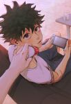  2boys absurdres bakugou_katsuki bangs boku_no_hero_academia can cheek_press cola collarbone couch freckles from_above glass green_eyes grey_shirt handheld_game_console highres holding holding_can holding_handheld_game_console looking_at_viewer looking_back male_focus messy_hair midoriya_izuku multiple_boys nintendo_switch pale_skin phone shirt short_hair shorts solo_focus tile_floor tiles wengwengchim 