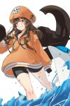  1girl anchor brown_eyes brown_hair dolphin fingerless_gloves gloves guilty_gear guilty_gear_strive hat highres holding_anchor hood hoodie legs long_hair may_(guilty_gear) orange_headwear orange_hoodie skull_and_crossbones smile water 