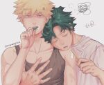  2boys anger_vein bakugou_katsuki bangs black_hair black_tank_top blonde_hair boku_no_hero_academia brushing_teeth closed_eyes collarbone english_commentary freckles grabbing green_hair grey_background grey_shirt hand_up holding male_focus midoriya_izuku multicolored_hair multiple_boys pectoral_grab pectorals shirt short_hair short_sleeves spoken_squiggle squiggle tank_top toothbrush toothpaste translation_request twitter_username two-tone_hair wengwengchim yaoi 