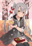  1girl amatsukaze_(kancolle) bench black_legwear brown_eyes cherry_blossoms chopsticks coat cowboy_shot drawstring dress feeding grey_coat grey_dress hair_tubes highres hood hooded_dress hoodie kantai_collection long_hair looking_at_viewer obentou official_alternate_costume omelet outdoors silver_hair sitting smile solo tamagoyaki thighhighs tree two_side_up windsock yoshikita_popuri 