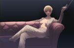  1girl black_background black_footwear blonde_hair breasts couch crossed_legs gun highres holding holding_gun holding_weapon long_sleeves open_clothes open_shirt pants sam_holiday shingeki_no_kyojin short_hair simple_background sitting small_breasts solo weapon white_pants yelena_(shingeki_no_kyojin) 