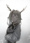  1girl absurdres alina_(arknights) arknights bangs closed_eyes closed_mouth crossed_arms eyebrows_visible_through_hair highres horns long_hair maoxian_qiu_wan_maoxian monochrome neck_ribbon pointy_ears ribbon shirt simple_background solo standing tears white_shirt 