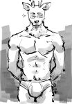  anthro antlers beastars briefs bulge cervid clothed clothing detailed_background eyewear glasses hands_behind_back hi_res horn male mammal monochrome muscular muscular_anthro muscular_male nipples oguma_(beastars) shirako signature solo star topless underwear 