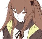  1girl bangs black_jacket black_ribbon brown_eyes brown_hair eyebrows_visible_through_hair ff_frbb122 girls_frontline highres jacket long_hair looking_down neck_ribbon open_clothes open_jacket open_mouth ribbon scar scar_across_eye shirt solo_focus twintails ump9_(girls_frontline) white_background white_shirt 