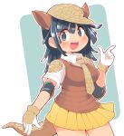  1girl :d armadillo_ears armadillo_tail bangs blue_background blue_eyes blue_hair blush breasts brown_headwear brown_vest commentary_request contrapposto cowboy_shot dutch_angle extra_ears eyebrows_visible_through_hair giant_armadillo_(kemono_friends) gloves hand_up hat highres index_finger_raised ini_(inunabe00) kemono_friends long_hair looking_at_viewer medium_breasts necktie open_mouth outline pleated_skirt shirt short_sleeves simple_background skirt smile solo standing vest white_background white_gloves white_outline white_shirt yellow_skirt 
