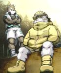  2021 anthro bawp bottomwear canid canine canis clothing domestic_dog duo eyewear felid fur glasses headphones headphones_around_neck hi_res kemono licho_(tas) male mammal outside pantherine shirt shorts sitting tiger tokyo_afterschool_summoners topwear video_games white_body white_fur 