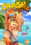  2020 activision anthro bandicoot belt blonde_hair breasts clothing coco_bandicoot crash_bandicoot_(series) day english_text eyewear female goggles goggles_on_head green_eyes hair hair_over_eye hi_res long_hair mammal marsupial nipples one_eye_obstructed open_mouth overalls purochen shirt signature smile solo teeth text tongue topwear translucent translucent_clothing video_games water wet wet_clothing wet_shirt wet_topwear 