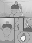  2019 3:4 belly big_belly big_breasts bottomless breasts clenched_teeth clothed clothing comic digital_media_(artwork) duo egg eyes_closed female freckles_(artist) genitals greyscale hi_res human humanoid larger_female machoke male mammal monochrome muscular muscular_female nintendo not_furry oviposition plump_labia pok&eacute;mon pok&eacute;mon_(species) pregnant pussy size_difference smaller_male teeth video_games 