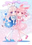 2girls :d ame_usako animal_ear_fluff animal_ears bangs banned_artist blue_bow blue_dress blue_eyes blue_footwear blush bow bunny_ears bunny_hair_ornament cat_ears cat_hair_ornament commentary_request dress eyebrows_visible_through_hair fake_animal_ears frilled_dress frills gloves hair_bow hair_ornament hairband heart highres holding holding_hands interlocked_fingers light_brown_hair long_hair magical_girl multiple_girls open_mouth original pink_dress pink_footwear pink_hairband puffy_short_sleeves puffy_sleeves purple_bow red_eyes shoes short_sleeves signature smile socks striped striped_bow thighhighs two_side_up very_long_hair white_gloves white_legwear white_wings wings 