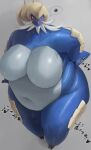  angry annoyed anthro anthrofied armor big_breasts blue_body blue_skin breasts claws curvy_figure featureless_breasts glistening glistening_body glistening_skin gradient_background grey_background hand_on_hip headgear helmet hi_res huge_breasts nintendo nude oruka0827 overweight pok&eacute;mon pok&eacute;mon_(species) red_eyes samurott simple_background thick_thighs thought_bubble video_games voluptuous wet wide_hips 