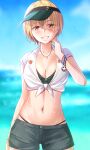  1girl :d bikini bikini_under_clothes black_bikini black_shorts blonde_hair blue_sky blurry blurry_background blush collarbone commentary_request day grin highres idolmaster idolmaster_shiny_colors k-chitsu looking_at_viewer midriff navel ocean open_mouth outdoors purple_eyes saijou_juri shirt short_hair shorts sky smile solo swimsuit visor_cap wet white_shirt 