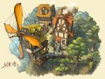  1girl barrel brown_hair building chimney cliff clothesline day fantasy original outdoors plant poppo_sutchy potted_plant railing scenery smoke solo stairs tree windmill 
