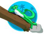  anthro barefoot casual_nudity claws digital_drawing_(artwork) digital_media_(artwork) feet flaccid foreskin genitals lizard male nude penis plant reptile retro_pixel_lizard rock samareck scalie simple_background solo solo_focus tree watermark 