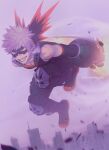  1boy arm_at_side artist_name bakugou_katsuki bangs bare_shoulders black_footwear black_mask black_pants black_shirt black_sleeves blonde_hair boku_no_hero_academia city collarbone commentary_request detached_sleeves explosion explosive eye_mask grenade grin hair_ornament knee_pads knee_up male_focus orange_shirt outdoors pants red_eyes shirt shoes short_hair smile spiked_hair teeth wengwengchim 