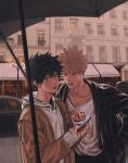  2boys artist_name bakugou_katsuki bangs black_hair black_jacket blonde_hair blue_eyes blush boku_no_hero_academia brown_jacket building car collarbone earrings freckles green_hair grey_hoodie ground_vehicle highres holding holding_phone hood hoodie jacket jewelry lantern long_sleeves looking_at_viewer male_focus midoriya_izuku motor_vehicle multiple_boys open_clothes open_jacket open_mouth outdoors phone rain red_eyes short_hair short_pointy_ears sleeves_past_wrists spiked_hair standing symbol_commentary umbrella wengwengchim 