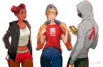  1boy 2girls ^_^ alternate_costume apex_legends artist_name beanie black_hoodie black_pants blonde_hair casual cellphone closed_eyes cropped_shirt dark_skin dark_skinned_female denim double_bun goggles graphic_shirt grey_headwear grey_hoodie gym_shorts hair_behind_ear hat holding holding_phone hood hoodie iwamoto_zerogo jacket jeans leaning_back lichtenberg_figure lifeline_(apex_legends) looking_down mask mouth_mask multiple_girls navel octane_(apex_legends) orange_jacket pants phone red_eyes red_hair red_shirt red_shorts scar scar_on_cheek scar_on_face shirt short_hair short_shorts shorts smartphone smile wattson_(apex_legends) white_background white_shirt 