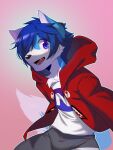  absurd_res blue_body blue_eyes blue_fur blue_hair booboo34 canid canine canis clothing fur furry_tail hair hi_res hoodie hybrid looking_at_viewer male mammal muscular muscular_male purple_eyes red_clothing red_hoodie red_topwear smile solo tiraruto_kada topwear wolf 
