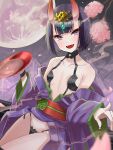  1girl bangs bare_shoulders bob_cut breasts collarbone cup eyeliner fate/grand_order fate_(series) headpiece highres horns japanese_clothes kimono long_sleeves looking_at_viewer makeup oni oni_horns purple_eyes purple_hair purple_kimono revealing_clothes sakazuki setta_shu short_hair shuten_douji_(fate) skin-covered_horns small_breasts wide_sleeves 
