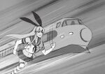  1girl 8_man_(series) clenched_hand derivative_work elbow_gloves feet_out_of_frame gloves greyscale ground_vehicle hair_ornament hairband kantai_collection long_hair midriff monochrome motion_lines parody running sailor_collar screencap_redraw seo_tatsuya shimakaze_(kancolle) sidelocks skirt solo striped striped_legwear thighhighs train white_gloves 