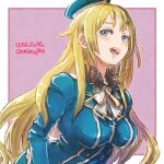  1girl absurdres atago_(kancolle) beret blonde_hair blue_headwear breasts dated green_eyes hat highres kantai_collection large_breasts long_hair military military_uniform mitsu_plus neck_ribbon open_mouth purple_background ribbon smile solo twitter_username uniform upper_body white_ribbon 