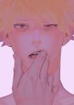 1boy 1other absurdres bakugou_katsuki blonde_hair boku_no_hero_academia face half-closed_eye hand_on_another&#039;s_mouth highres looking_at_viewer red_eyes saliva signature simple_background solo_focus sweat teeth tongue wengwengchim white_background 