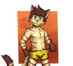  anthro bodily_fluids clothing domestic_cat domesticated_cat felid feline feline_savior felis glisten grin lust male male/male mammal smile smug solo stretching sweat theworldofgodcat underwear whisk_everhart 