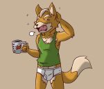  anthro beverage briefs canid canine clothing coffee coffee_cup english_text eyes_closed fox fox_mccloud fur green_clothing green_shirt green_topwear hand_behind_head kayadult male mammal nintendo open_mouth orange_body orange_fur shirt simple_background solo star_fox tan_background tan_body tan_fur tank_top teeth_showing text tighty_whities tired tongue_showing topwear underwear video_games white_clothing white_underwear yawn 
