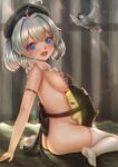  1girl :d absurdres ahoge apron azur_lane beret bird black_apron black_headwear blue_eyes blush breasts commentary_request covered_nipples grey_hair hat highres large_breasts looking_at_viewer looking_to_the_side manjuu_(azur_lane) naked_apron open_mouth sideboob sitting smile solo thighhighs wariza white_legwear z28_(azur_lane) zusshii_(libertasgenesis) 