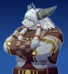  bovid clothed clothing fur grey_body grey_fur horn jacklantern_11 male mammal markings minos_(ys) muscular muscular_male ororwide11 simple_background solo video_games ys ys_viii:_lacrimosa_of_dana 
