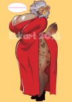  anthro big_breasts breasts cleavage clothed clothing crossed_arms dialogue ezukapizumu female hi_res huge_breasts hyaenid mammal mature_female silver_(ezukapizumu) simple_background spotted_hyena thick_thighs yellow_background 