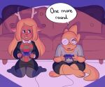  alphys angry anthro antlers barefoot blonde_hair bottomwear breasts brown_body brown_fur buckteeth capreoline cervid clothed clothing controller crossed_legs deltarune detailed_background dialogue duo english_text eyebrows eyewear female freckles front_view frown fully_clothed fur furniture game_controller gamecube gamecube_controller gaming glasses hair holding_controller holding_object horn inside kneeling leaning leaning_forward legwear lizard long_hair looking_aside looking_at_another looking_at_viewer looking_forward mammal nintendo nintendo_controller noelle_holiday non-mammal_breasts on_ground open_frown open_mouth playing_videogame raised_eyebrow razzamatazz reindeer reptile scales scalie shaking shirt shorts sitting sitting_on_floor skirt smile smirk smug sofa speech_bubble straight_hair teeth text thick_tail topwear undertale video_games yellow_body yellow_scales 