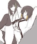  2girls arms_behind_back black_hair black_legwear black_neckwear black_skirt braid closed_eyes eyebrows_visible_through_hair ff_frbb122 girls_frontline grey_eyes greyscale long_hair looking_at_another lying m16a1_(girls_frontline) m4a1_(girls_frontline) monochrome multicolored_hair multiple_girls necktie on_back shirt skirt smile thighhighs white_shirt 