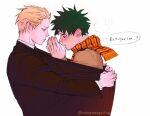  2boys alternate_hairstyle artist_name bakugou_katsuki bangs black_coat black_scarf blush boku_no_hero_academia brown_jacket coat freckles from_side hands_clasped hands_up jacket long_sleeves looking_at_another male_focus midoriya_izuku multiple_boys open_mouth orange_scarf own_hands_together red_scarf scarf shared_coat short_hair speech_bubble wengwengchim 