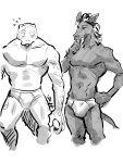  3:4 anthro beastars bodily_fluids briefs bulge clothed clothing duo equid equine gosha gosha_(beastars) hair hand_on_chin hi_res horse komodo_dragon lizard long_hair male mammal monitor_lizard monochrome muscular muscular_male reptile scalie shirako signature simple_background sweat tongue tongue_out topless underwear white_background yafya_(beastars) yahya 