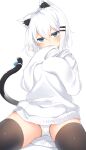  1girl animal_ear_fluff animal_ears bangs black_legwear blue_eyes blush breasts cat_ears cat_girl cat_tail collarbone covered_mouth covering_mouth eyebrows_visible_through_hair hair_between_eyes hair_ornament hairclip hands_up highres hood hood_down hoodie long_sleeves looking_at_viewer original otokuyou panties pantyshot ringo-chan_(otokuyou) short_hair simple_background sitting skirt sleeves_past_wrists solo tail tail_raised thighhighs underwear white_background white_hair white_hoodie white_panties 