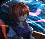  1girl absurdres bangs blue_kimono boat collarbone eyebrows_visible_through_hair hair_between_eyes hair_bobbles hair_ornament highres hitodama holding holding_scythe huge_filesize japanese_clothes kakutasu_(akihiron_cactus) kimono light_blush looking_ahead night onozuka_komachi outdoors parted_lips puffy_short_sleeves puffy_sleeves red_eyes red_hair scythe short_hair short_sleeves solo touhou triangle_mouth two_side_up upper_body water watercraft 