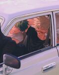  2boys alternate_costume artist_name bakugou_katsuki bangs black_footwear black_shirt blonde_hair boku_no_hero_academia car car_interior collarbone english_commentary freckles green_eyes grey_shirt ground_vehicle highres legs_up looking_at_viewer male_focus messy_hair midoriya_izuku motor_vehicle multiple_boys seatbelt shirt shoes short_hair spiked_hair sunglasses wengwengchim yaoi 