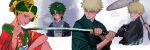  2boys absurdres alternate_costume alternate_hairstyle angry bakugou_katsuki black_kimono blonde_hair boku_no_hero_academia cropped_shoulders crossdressing crossed_arms freckles green_eyes green_hair hand_up haori highres holding holding_sword holding_umbrella holding_weapon huge_filesize incredibly_absurdres japanese_clothes katana kimono knee_up looking_at_viewer looking_down male_focus messy_hair midoriya_izuku multiple_boys multiple_views oil-paper_umbrella parted_lips red_eyes red_kimono red_lips short_hair sword umbrella weapon wengwengchim 