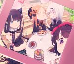  abigail_williams_(fate) absurdres bangs bare_shoulders black_bow black_dress blonde_hair blue_eyes blunt_bangs blush bow breasts cleavage closed_eyes daisi_gi dress fate/grand_order fate_(series) food forehead hair_ornament highres horns katsushika_hokusai_(fate) lavinia_whateley_(fate) leaf_hair_ornament long_hair looking_at_viewer medium_breasts multiple_bows open_mouth orange_bow pale_skin parted_bangs plate purple_eyes purple_hair ribbed_dress short_hair sidelocks single_horn sitting small_breasts smile table very_long_hair white_hair yang_guifei_(fate) 