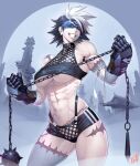  1girl abs architecture ball_and_chain_(weapon) bandaged_arm bandages bare_shoulders black_hair black_shorts blindfold breasts building commentary_request contrapposto covered_eyes cowboy_shot east_asian_architecture facing_viewer gauntlets grey_background grin halter_top halterneck highres holding holding_weapon large_breasts multicolored_hair muscular muscular_female navel ogami original patchwork_skin revealing_clothes scar_on_arm scar_on_leg short_hair short_shorts shorts signature smile solo spiked_hair spikes standing stitched_face stitches stomach taut_clothes tree two-tone_hair underboob weapon white_hair zombie 