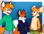  anthro aurora-fox belt black_body black_fur blue_background blue_bottomwear blue_clothing blue_coat blue_eyes blue_pants blue_topwear bottomwear canid canine clothed clothing coat fox fur green_bottomwear green_clothing green_pants green_shirt green_topwear group hair leorenard male mammal orange_body orange_fur pants pink_body pink_fur red_hair scruffkerfluff shirt simple_background tan_body tan_fur tinydeerguy topless topwear turtleneck white_body white_fur 