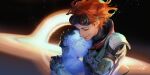  1boy 1girl apex_legends armor artist_name black_gloves closed_eyes floating_hair gloves goggles goggles_on_head hair_behind_ear highres hologram horizon_(apex_legends) hug iwamoto_zerogo mother_and_son newton_somers orange_hair science_fiction space 