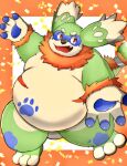  2020 anthro belly biped blue_body blue_fur brown_body brown_fur canid canine canis domestic_dog dragon fur green_body green_fur hi_res hybrid kaki_no_tane1 kemono mammal overweight pento_(kamiyu) solo 