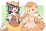  2girls :d :o armadillo_ears armadillo_tail bangs blonde_hair blue_background blue_eyes blue_hair blush breasts brown_eyes brown_headwear brown_vest commentary_request contrapposto cowboy_shot crossed_bangs drop_shadow dutch_angle extra_ears eyebrows_visible_through_hair giant_armadillo_(kemono_friends) giant_pangolin_(kemono_friends) gloves hair_between_eyes hand_up hat highres index_finger_raised ini_(inunabe00) kemono_friends long_hair looking_at_viewer medium_breasts multiple_girls necktie open_mouth orange_skirt outline pangolin_ears pangolin_tail parted_lips pink_vest pleated_skirt shirt short_sleeves simple_background skirt smile standing vambraces vest white_background white_gloves white_outline white_shirt yellow_neckwear yellow_skirt 