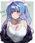  1girl alternate_costume blue_hair blush breasts cleavage dated eyebrows_visible_through_hair i-19_(kancolle) kantai_collection large_breasts long_hair picoli1313 pink_eyes solo star-shaped_pupils star_(symbol) symbol-shaped_pupils tri_tails twitter_username upper_body 