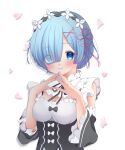 1girl aimaru_(ai_12b15) bangs bare_shoulders black_bow blue_eyes blue_hair blush bow breasts cleavage closed_mouth commentary detached_sleeves dress eyebrows_visible_through_hair fingers_together flower_knot frilled_sleeves frills hair_ornament hair_over_one_eye hair_ribbon hands_up highres looking_at_viewer maid maid_headdress medium_breasts petals pink_ribbon re:zero_kara_hajimeru_isekai_seikatsu rem_(re:zero) ribbon ribbon_trim roswaal_mansion_maid_uniform short_hair simple_background smile solo upper_body white_background x_hair_ornament 
