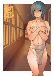  1boy blue_eyes blue_hair collarbone covering covering_chest embarrassed eyebrows_visible_through_hair fundoshi hallway japanese_clothes male_focus navel neone original otoko_no_ko public_nudity school short_hair solo tan tearing_up 