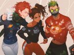  1boy 2girls :o apex_legends brown_eyes brown_hair christmas_sweater closed_eyes clothes_lift collarbone crossed_legs cup dark_skin dark_skinned_female forehead_jewel green_hair grey_pants hair_behind_ear holding holding_cup horizon_(apex_legends) iwamoto_zerogo mug multiple_girls octane_(apex_legends) off_shoulder pants plaid plaid_scarf rampart_(apex_legends) scarf short_hair side_ponytail smile sweater sweater_lift sweatpants undercut 