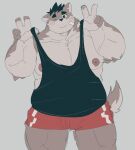  2021 anthro bottomwear brown_body brown_fur canid canine canis clothing domestic_dog dumdum fur hi_res kemono male mammal moobs nipples one_eye_closed overweight overweight_anthro overweight_male shirt shorts solo tank_top topwear wink 